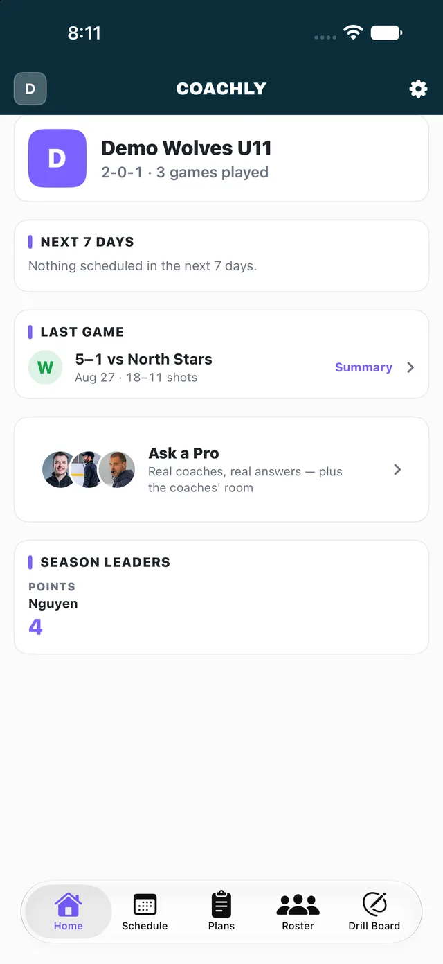 Coachly on iPhone — Dashboard