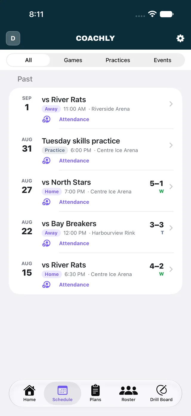 Coachly on iPhone — Schedule